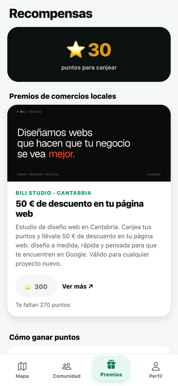 Pantalla de recompensas con los puntos acumulados